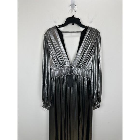 Gianni Bini Zella Metallic Plunging Long Sleeve Gown Slit Silver Formal US 6 NWT - Picture 10 of 15